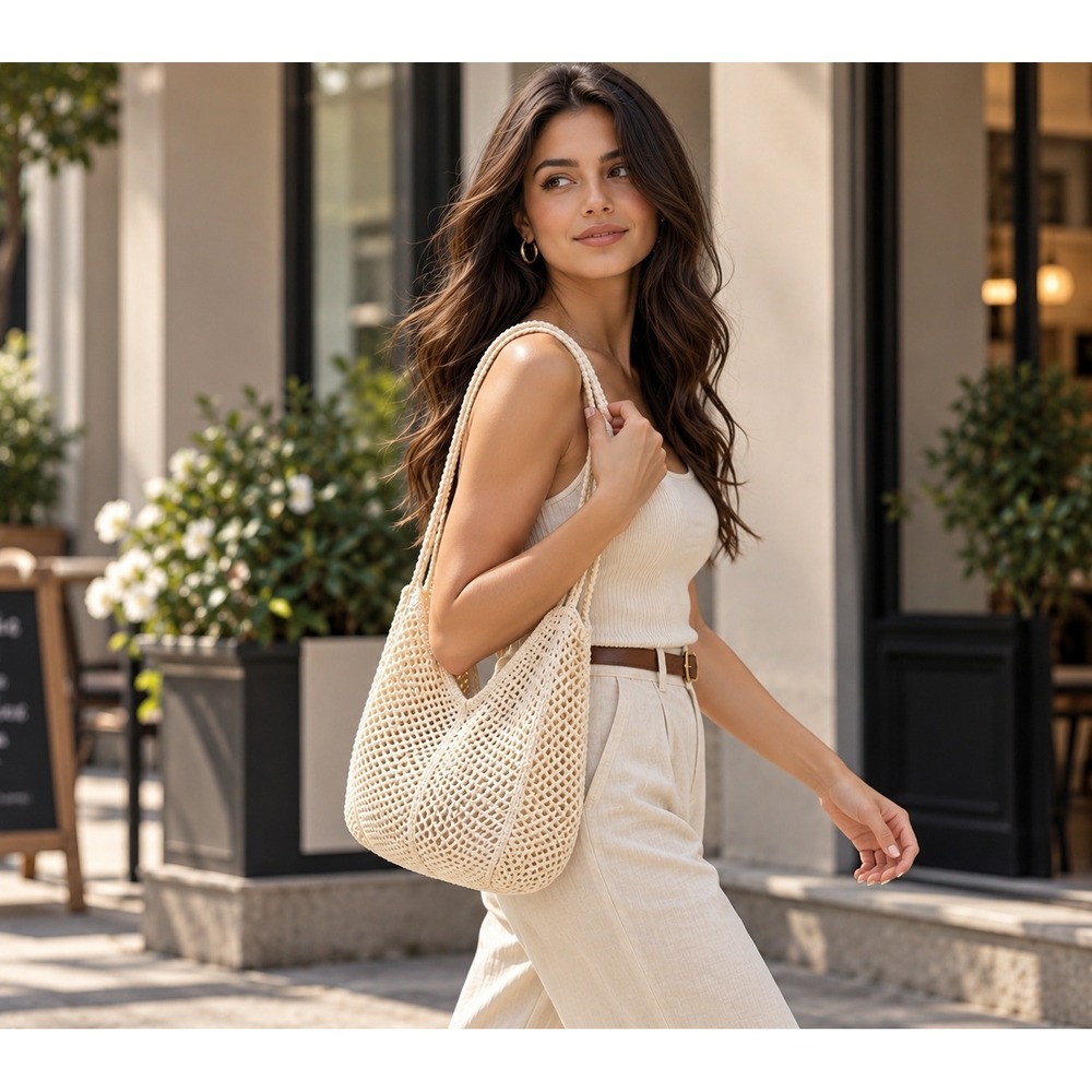 Cream Crochet Mesh Tote Bag Boho Summer Beach Market Shoulder Bag Neutral